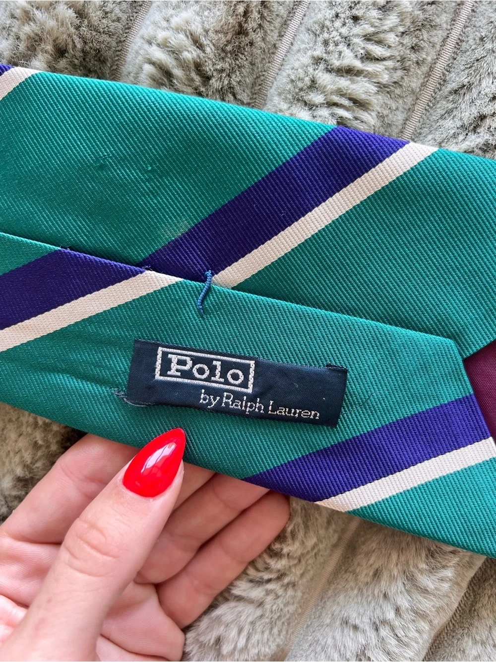 Polo Ralph Lauren Silk Striped Tie Made By Hand, Green, Blue & White Stripes